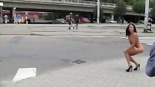 A charming brunette with a beautiful figure exposes herself in public