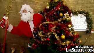 A hot Russian girl is serving five guys in Santa costumes