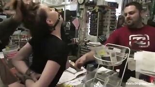 A hot girl is being roughly fucked right in the shop