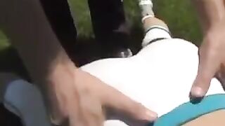 Busty brunette with beautiful tits gets cum on them while fucking on the couch