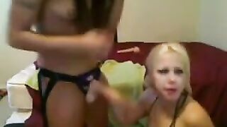 Blonde with big boobs fucks in a virtual chat room, using a strap-on