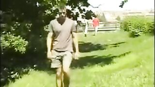 A guy in the hayloft plays with his long dick