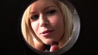 A blonde girl sucks cock through the toilet bowl hole