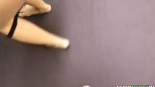 A cute blonde girl with big tits sucks a big dick and gets cum on her face