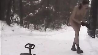 Barefoot beauties play with snowballs on the city streets