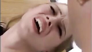 Cute girl in stockings and pantyhose tries fisting for the first time