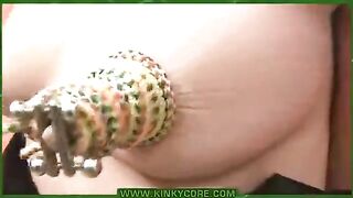 The guy pierced the labia of a girl with needles in an erotic setting