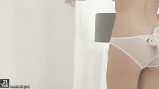 Skinny blonde fucks with a guy and rubs her hairy pussy