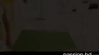 A young sporty brunette gets fucked on the couch