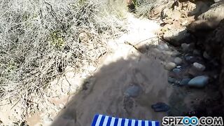 A girl with big natural tits is fucking outdoors with a guy
