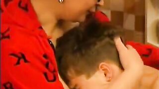 A hot woman in glasses gets a cumshot on her frame from a guy