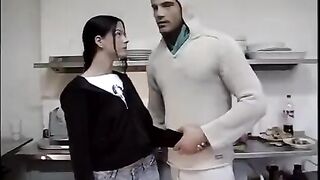 The young man deflowered a virgin brunette in the kitchen