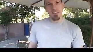 The cute girl sucks the guy's nipple and puts it in her pussy