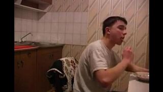 The mother, as if nothing happened, fucked her son in the kitchen