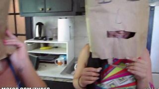 The girls wear sex bags on their heads and have sex