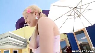 A blonde girl with big tits sucks a long dick in POV style