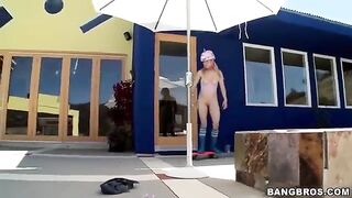 A blonde girl with big tits sucks a long dick in POV style