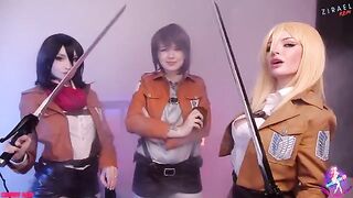 Cosplay threesome with Mikasa, Sasha, and Historia’s wet pussies