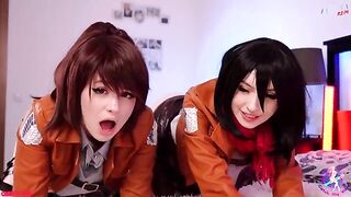 Cosplay threesome with Mikasa, Sasha, and Historia’s wet pussies