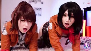 Cosplay threesome with Mikasa, Sasha, and Historia’s wet pussies