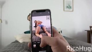 The guy's stepsister is on the phone with her boyfriend while giving a blowjob