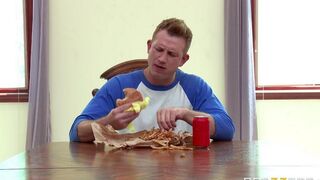 A wife, stimulated by a cucumber, reaches orgasm as her husband watches