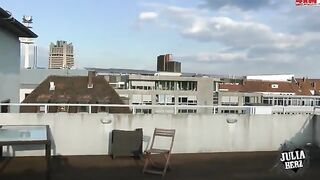 Brunette with big tits fucks on the roof in POV style
