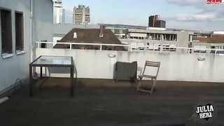 Brunette with big tits fucks on the roof in POV style