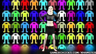 A sexy striptease performance by a young blonde, exposing her charms to the crowd of men