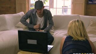 The depraved blonde MILF fucked on the couch with her daughter's BF