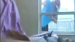 A woman spies on a guy jerking off in the ward and joins in