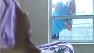 A woman spies on a guy jerking off in the ward and joins in