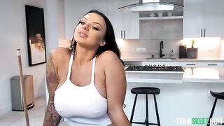 Shooting balls for boob shots with a brunette who has big tits and a piercing