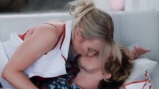 Nurses wearing stockings fuck passionately and cum on their pussies