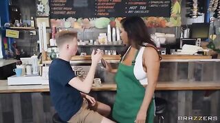 She has big tits and she is working as a barista