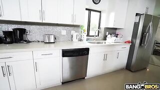 A maid with big boobs cleans a house completely naked