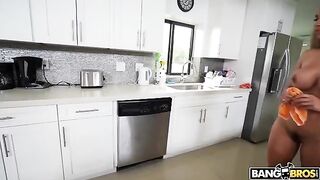 A maid with big boobs cleans a house completely naked