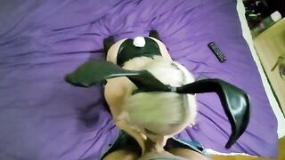 A bunny girl sucks cock and balls, showcasing her wild side in a steamy scene