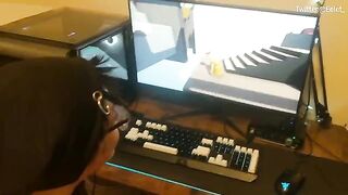 A cute couple challenges each other in a blowjob video game