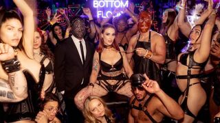 A group of guys fucked bitches in the playground, wearing sexy latex suits