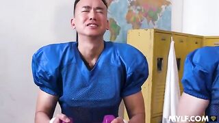 A nymphomaniac could not refuse the offer of two guys in the locker room