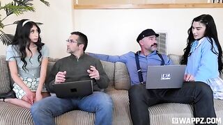 Cute girls threw a party for their stepfather on the couch