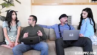 Cute girls threw a party for their stepfather on the couch