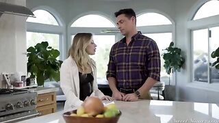 A cute blonde girl is having sex on the bed and she likes it hard