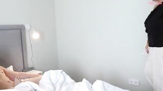 A cute girl bounces on a big mom’s boobs, getting fucked