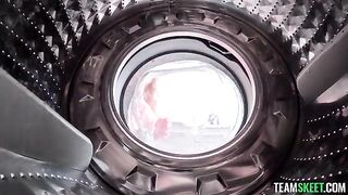 A blonde has vibrations from the washing machine and gets fucked in clothes