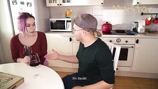 She appreciated the surprise gift from the courier in the kitchen
