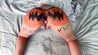 A slut is being fucked in a rough manner in a Halloween setting