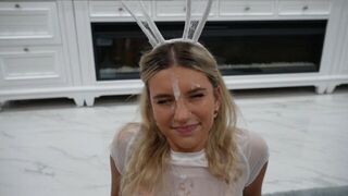 A cute girl got a face decoration and had to lick it all off