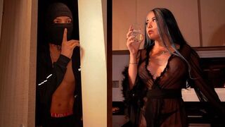 The burglar aimed for the safe, but got the housewife's pussy instead